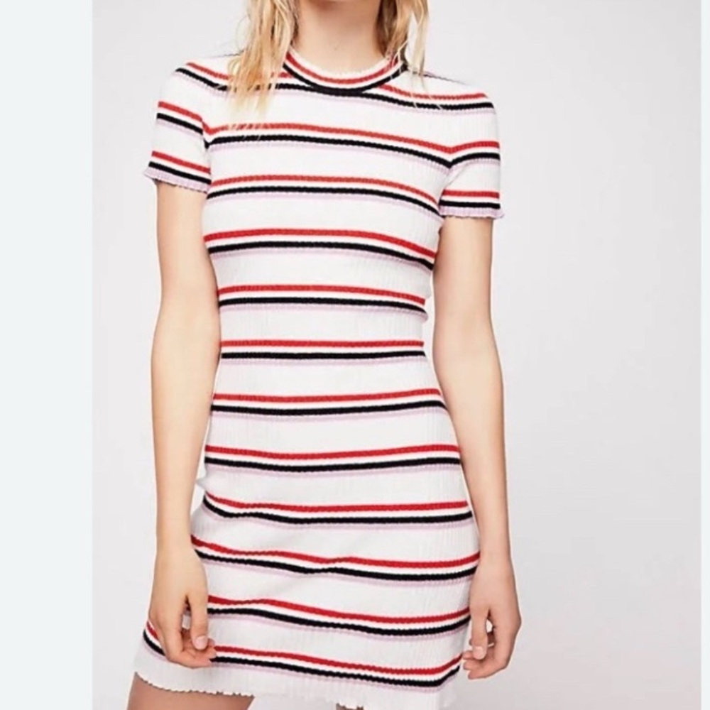 Free People So Easy Knit ribbed striped white red black & lavender bodycon Dress